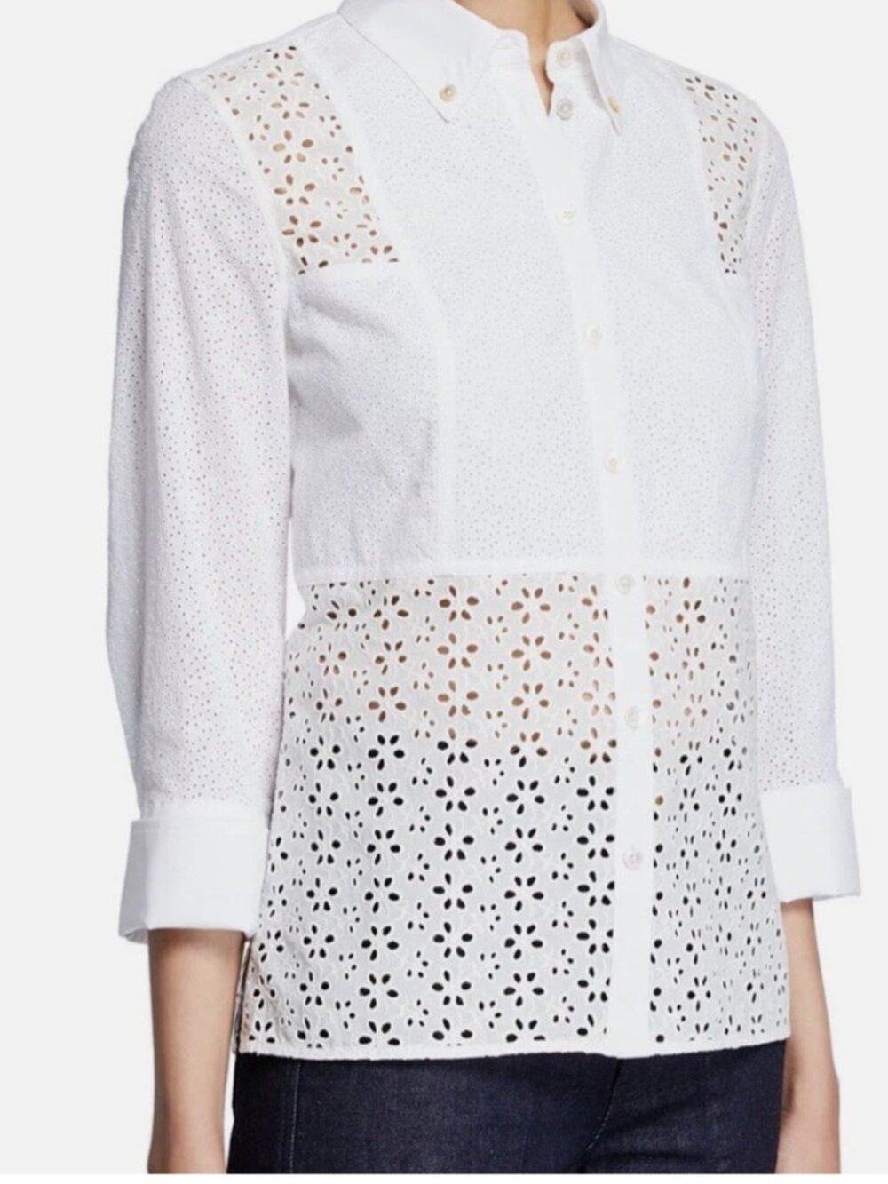 Lacelike Floral 3/4 sleeve Tory Burch Women's Patchwork Eyelet Shirt Blouse Sz 2